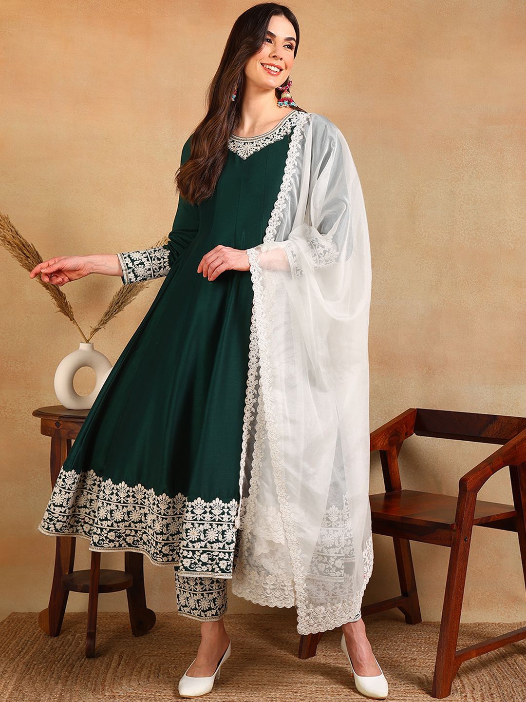 

KALINI Floral Embroidered V-Neck Thread Work Anarkali Kurta with Trousers & With Dupatta, Green