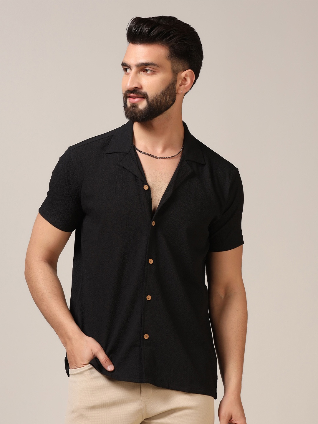 

TAGDO Men Standard Cuban Collar Textured Solid Casual Shirt, Black
