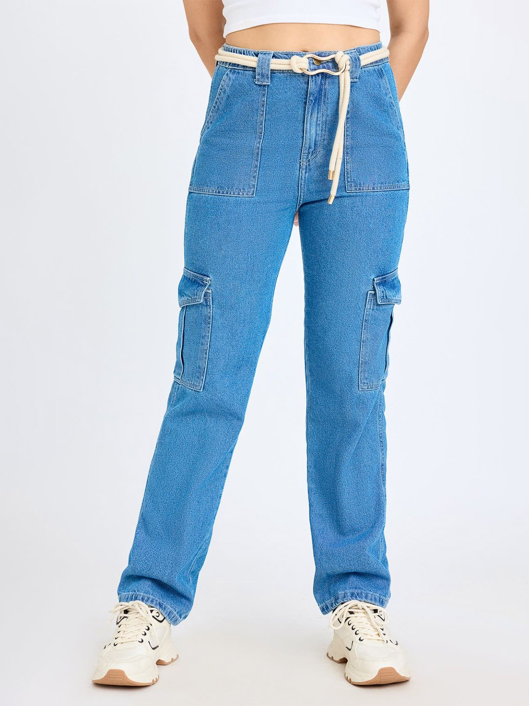 

FREAKINS Women Straight Fit High-Rise Pure Cotton Cargo Jeans, Blue