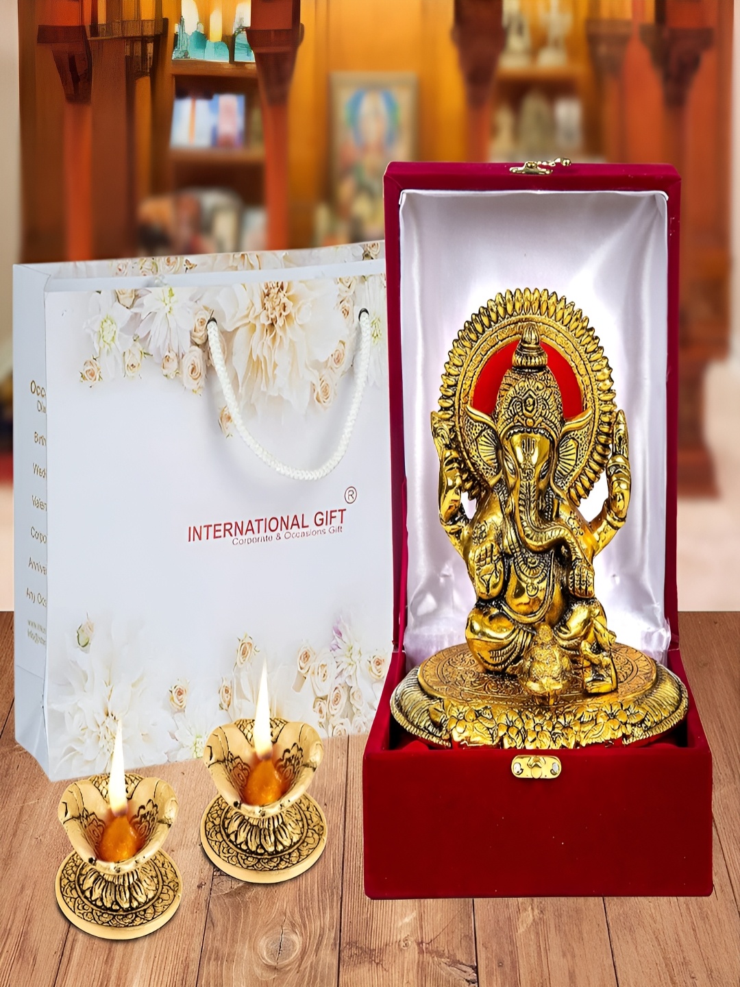 

INTERNATIONAL GIFT 3 Pieces Gold-Toned Ganesha God Idol & Diyas With Box