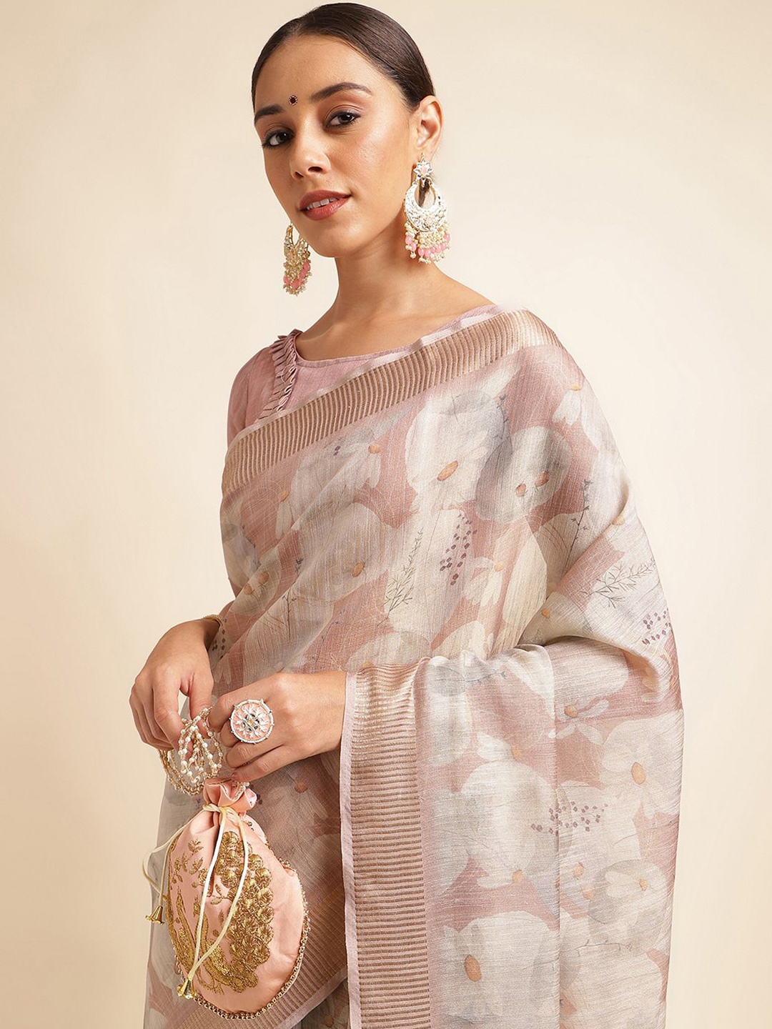 

DOI MOI Ethnic Motifs Zari Woven Design Organza Banarasi Saree, Brown