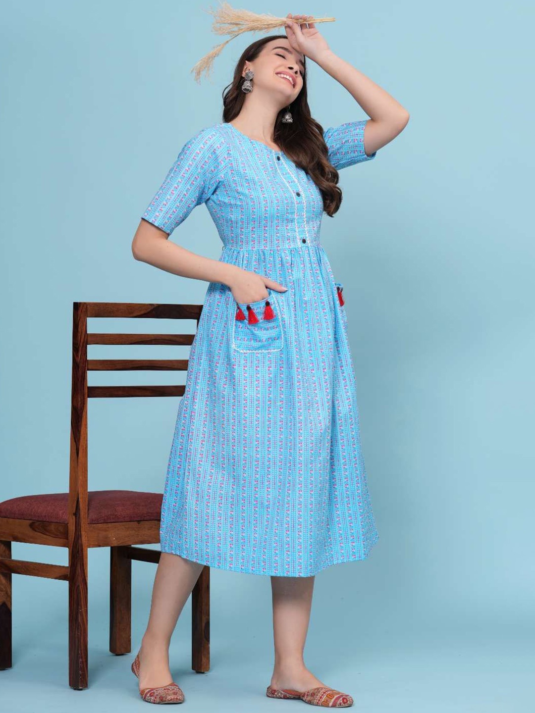 

HEARTLOOM Printed Pure Cotton Ethnic Dress, Blue