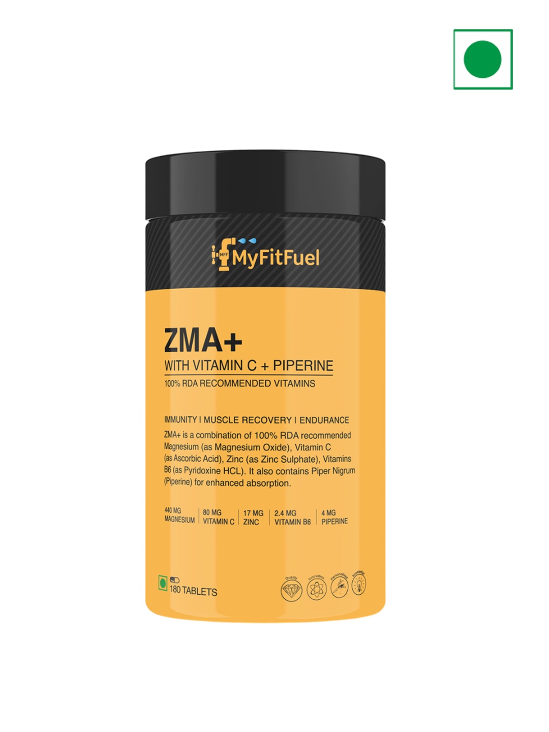 

MyFitFuel ZMA Zinc Magnesium Vitamin B6 Vitamin C & Piperine 95% Capsules-180 Capsules, Yellow