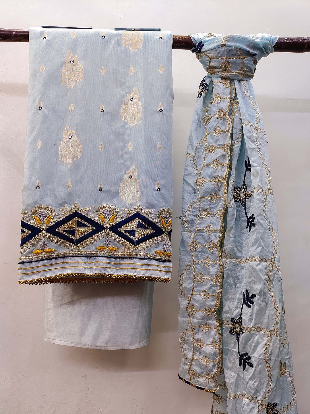 

KIMISHA Floral Woven Design Mirror Work Unstitched Dress Material, Blue