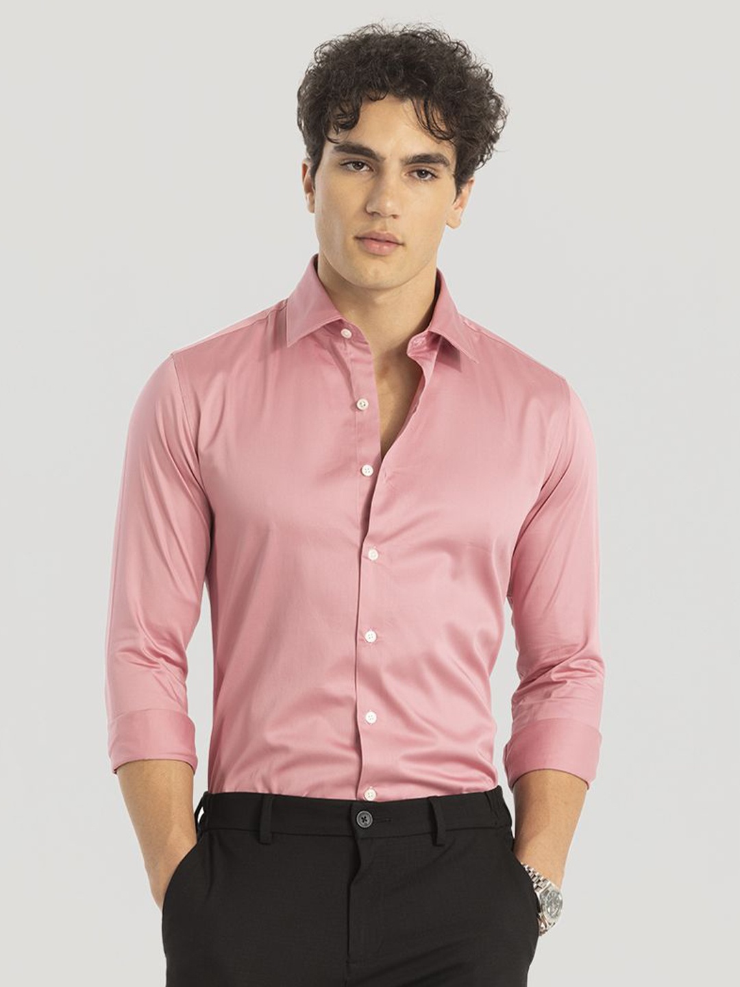 

Snitch Men Smart Spread Collar Solid Cotton Slim Fit Formal Shirt, Pink