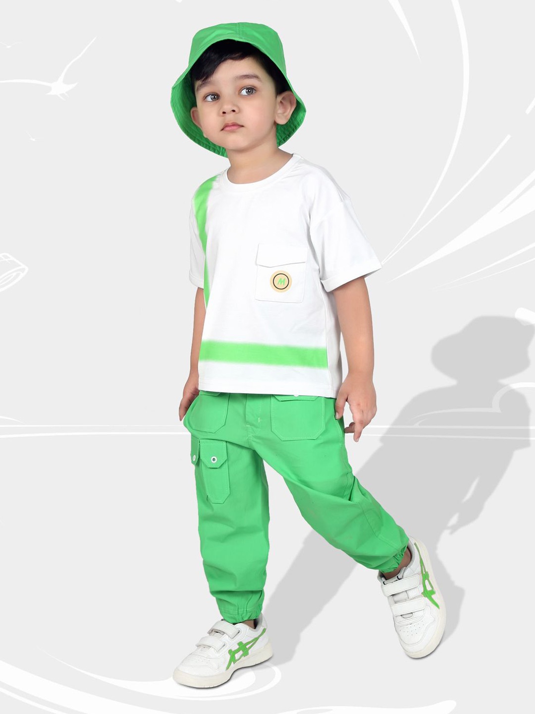 

MashUp Boys Printed Pure Cotton T-shirt With Short And Bucket Cap, Green