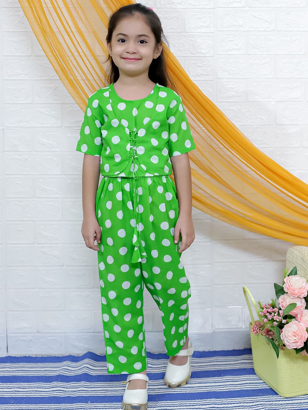 

UNBIND Girls Printed Pure Cotton Top With Trousers, Green