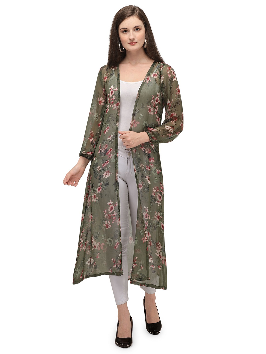 

Murcia Floral Printed Sheer Open Front Longline Shrug, Green