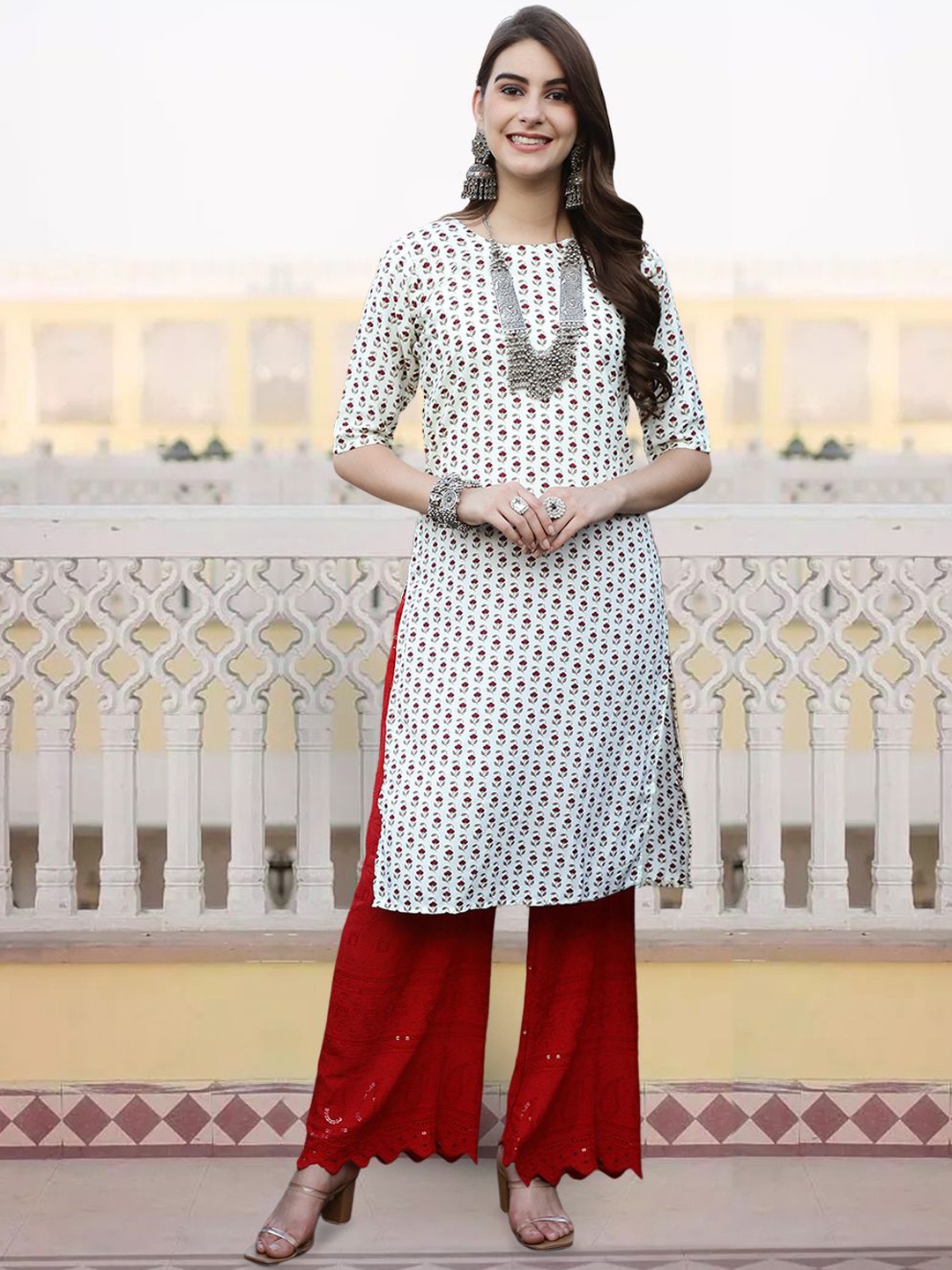 

7Threads Floral Printed Round Neck Straight Kurta, White