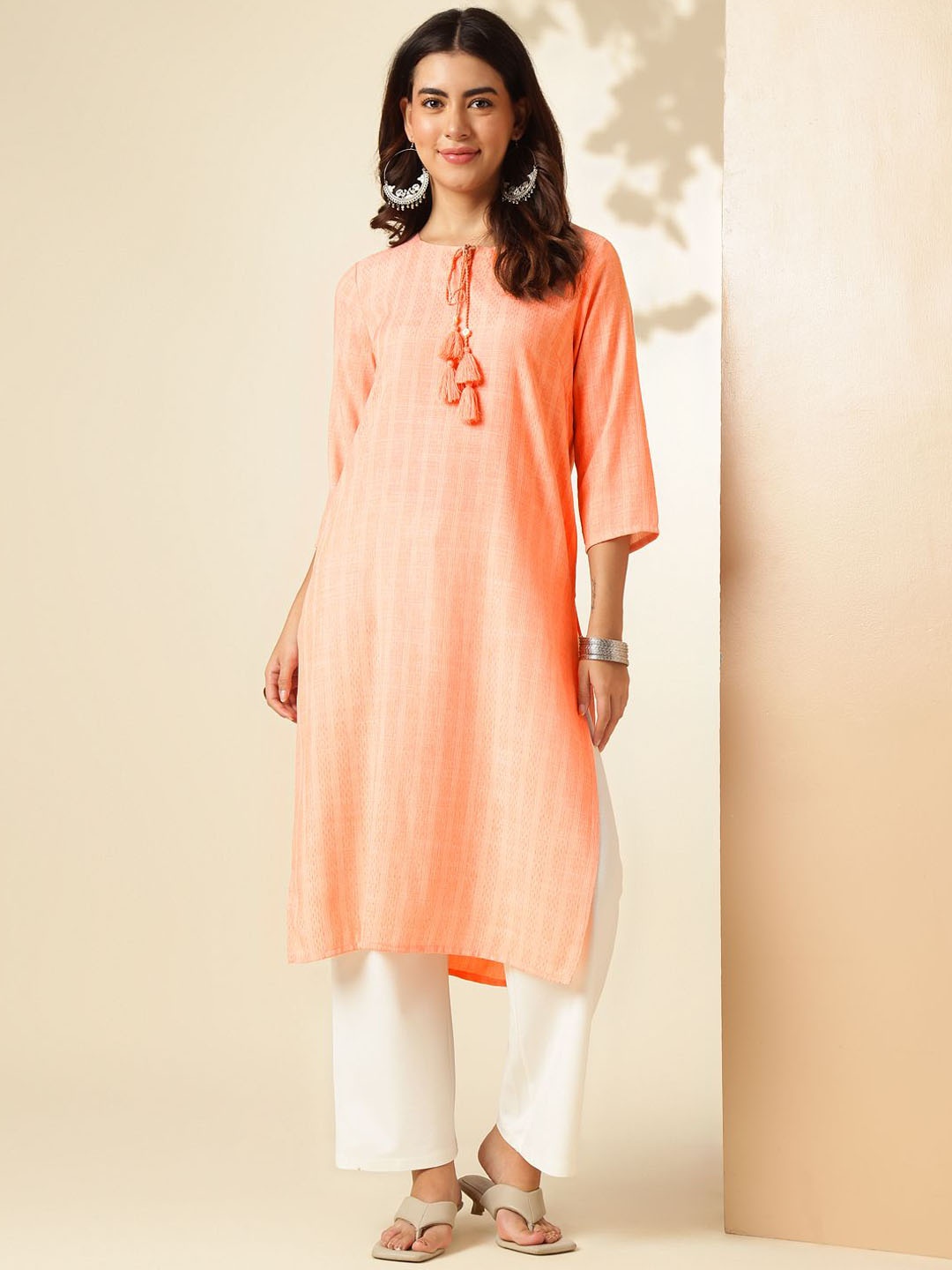 

Anouk Rustic Geometric Woven Design Tie-Up Neck Straight Kurta, Orange