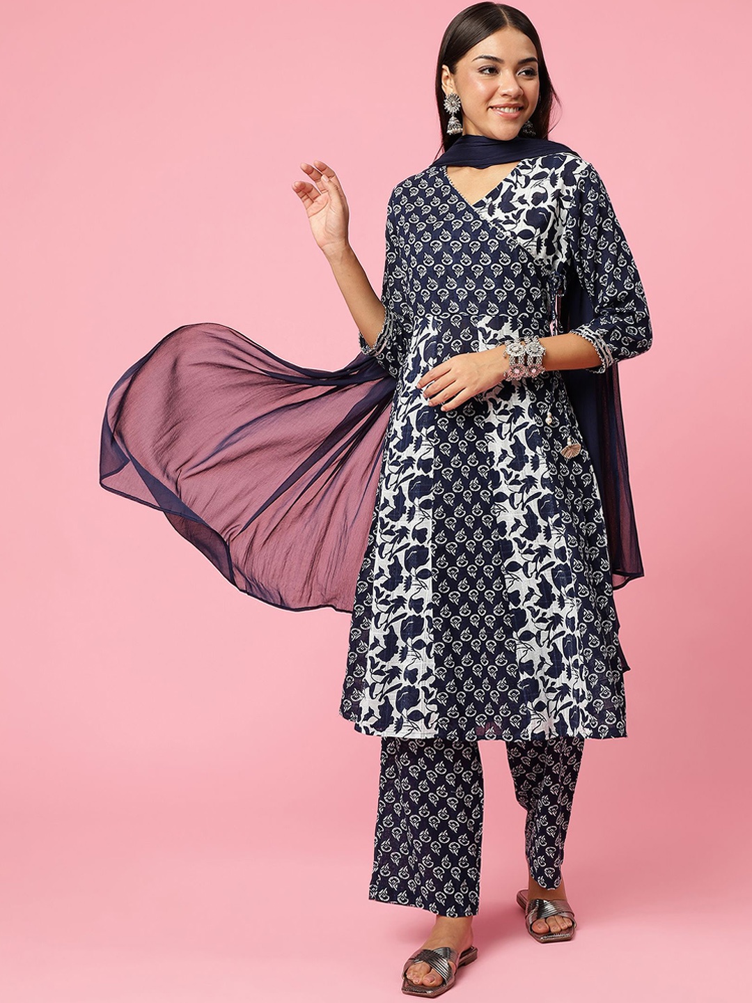 

Shree Floral Printed Pleated Pure Cotton Kurta with Trousers & Dupatta, Navy blue