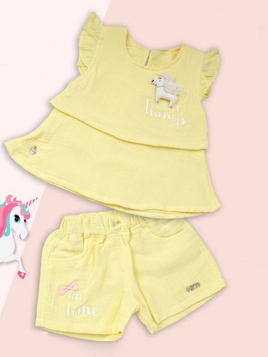 

Babys Day Girls Round Neck Pure Cotton Top with Shorts, Yellow