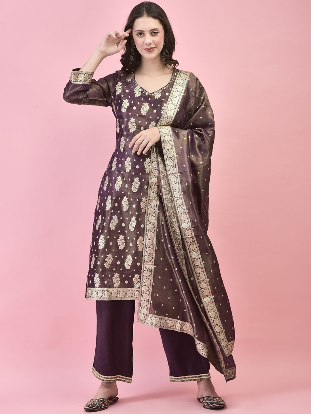 

Shree Floral Zari Woven Design Straight Kurta with Trousers & With Dupatta, Purple