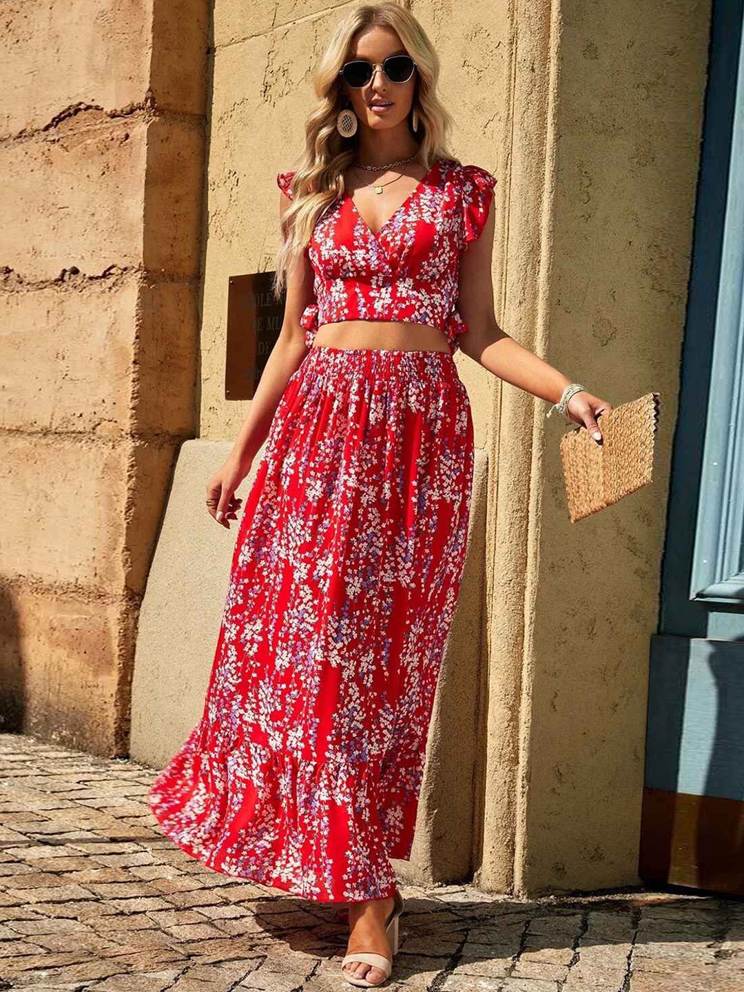 

ANGEL CROSHET Printed Top With Skirt, Red