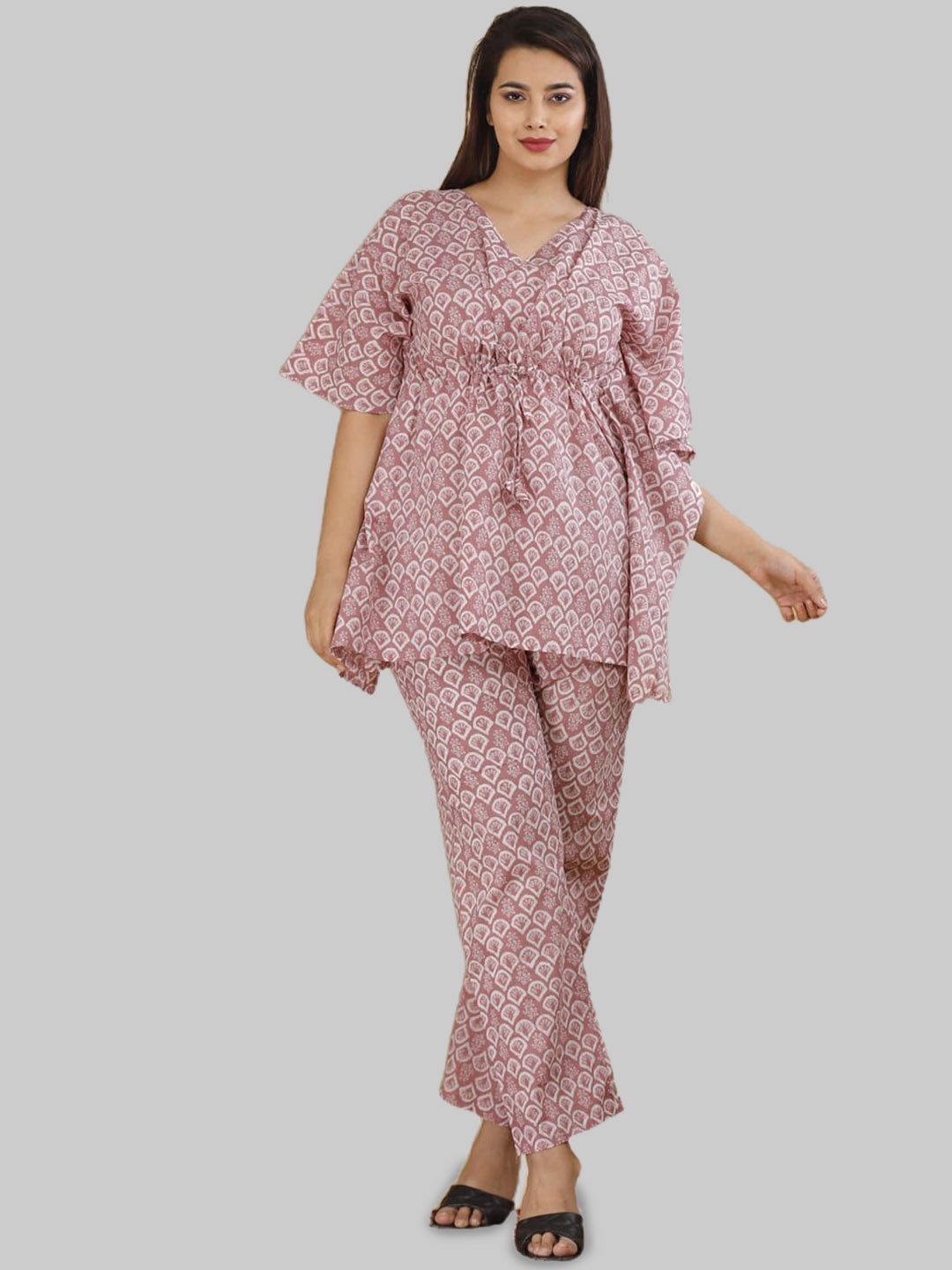 

SHOOLIN Printed Pure Cotton Kaftan Top With Trousers, Peach