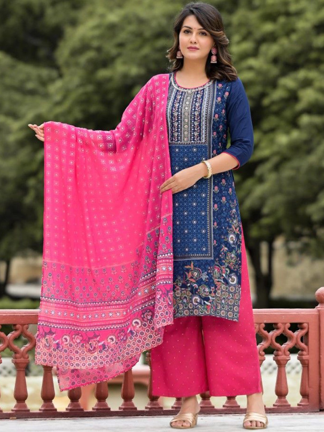 

Juniper Ethnic Motifs Printed Sequinned Straight Kurta With Trousers & Dupatta, Blue