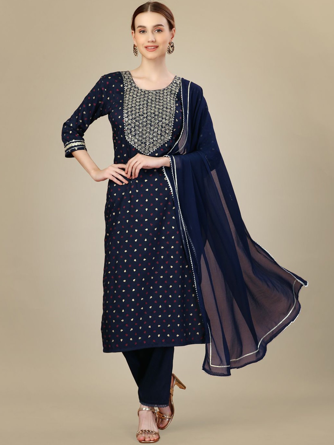 

WILNERCROWN Floral Embroidered Round Neck Sequinned Kurta With Trousers & Dupatta, Navy blue