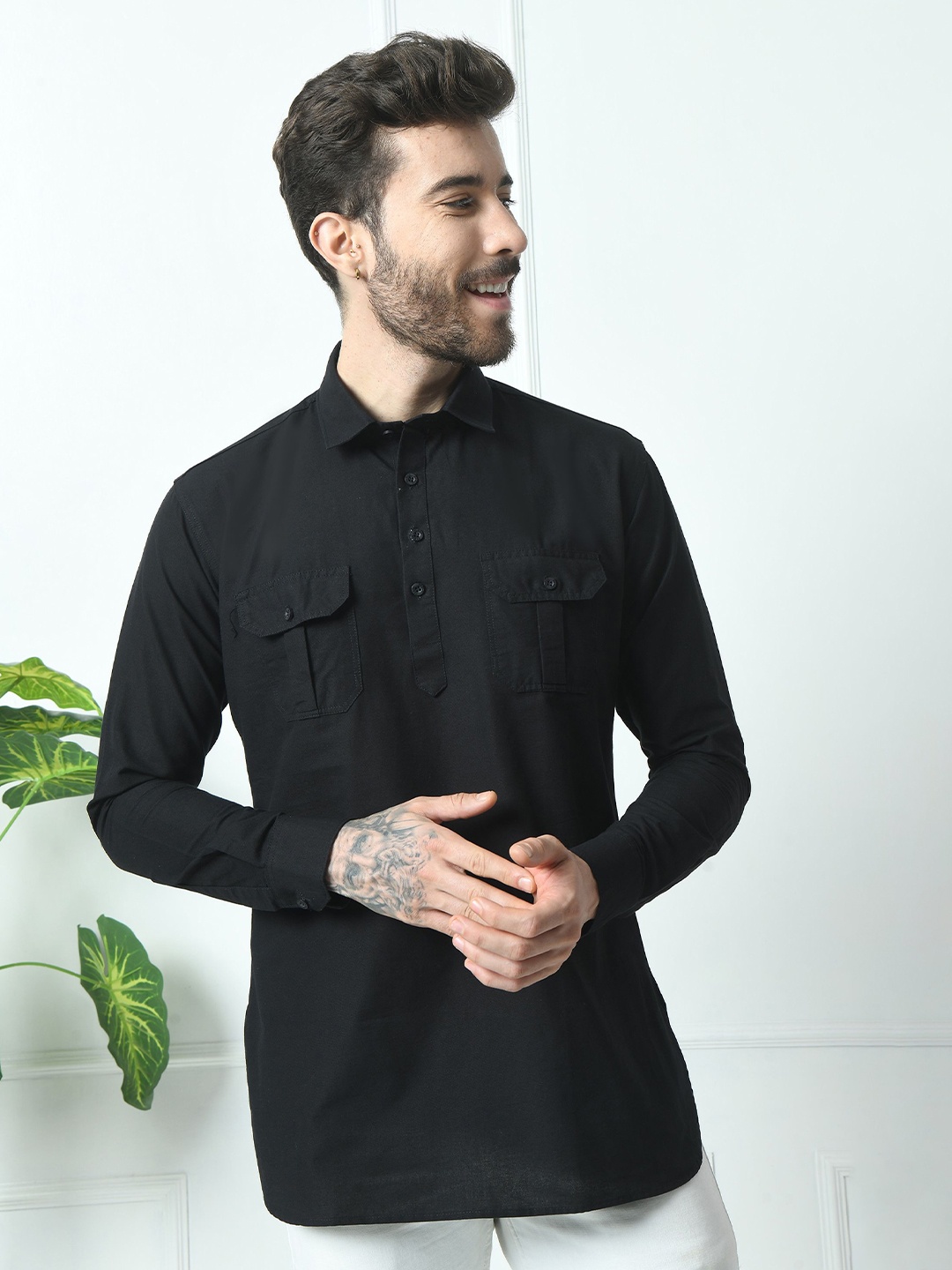 

PEBCO Men Classic Spread Collar Solid Cotton Slim Fit Casual Shirt, Black