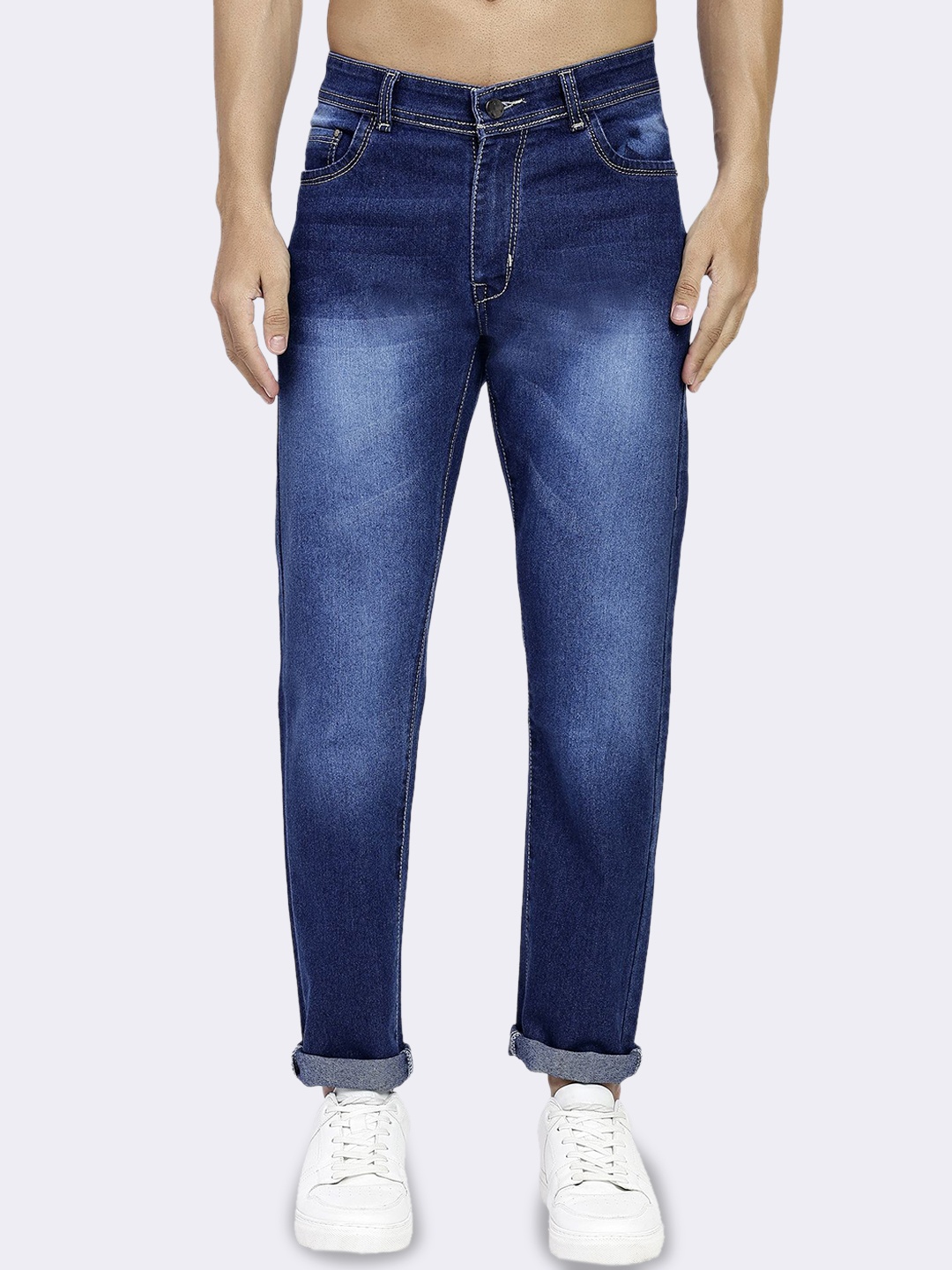 

POMPOUS Men Cotton Slim Fit Mid-Rise Heavy Fade Jeans, Blue