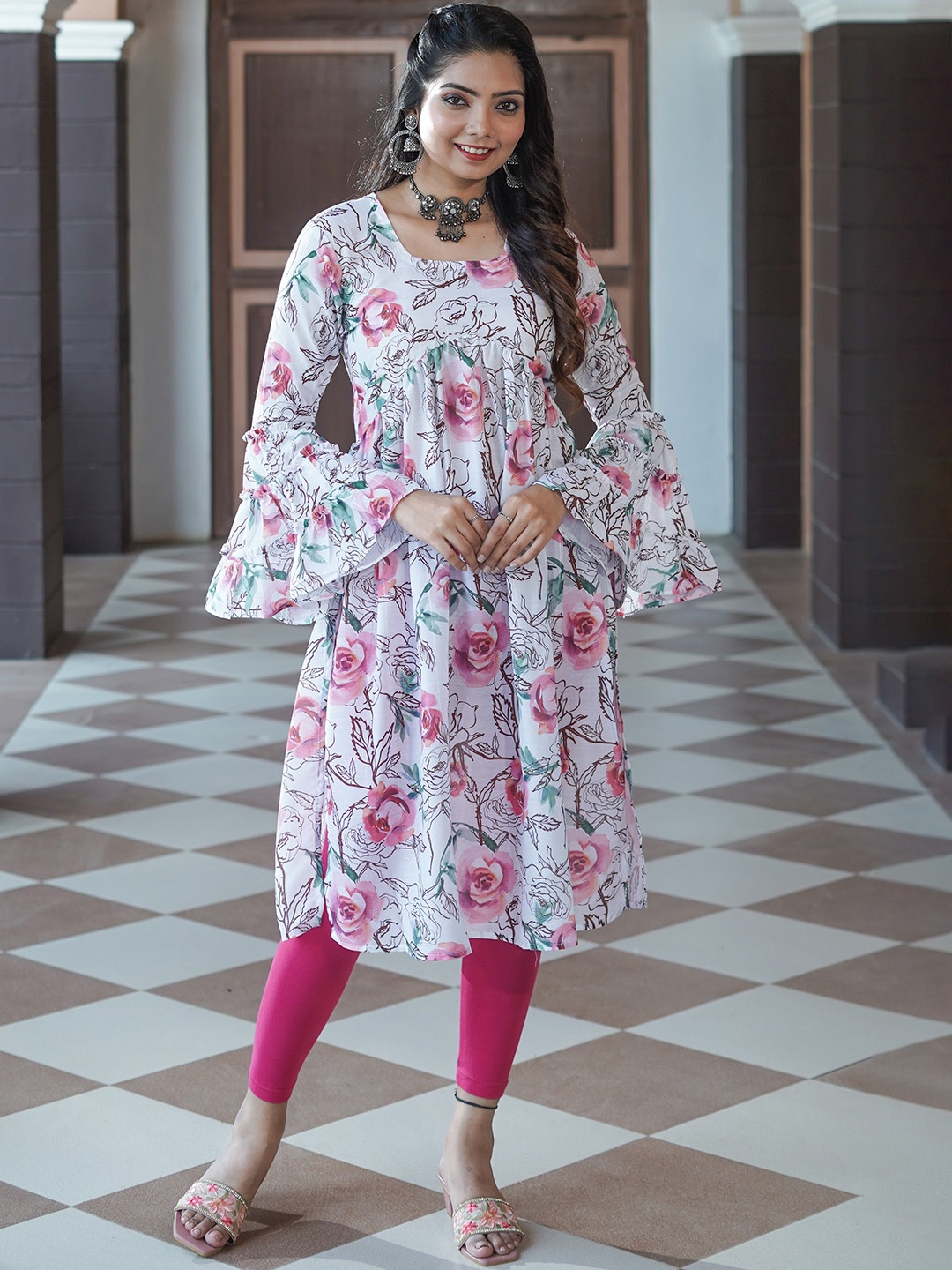 

GO BOUJEE Floral Printed Panelled Bell Sleeves Silk A-Line Kurta, White