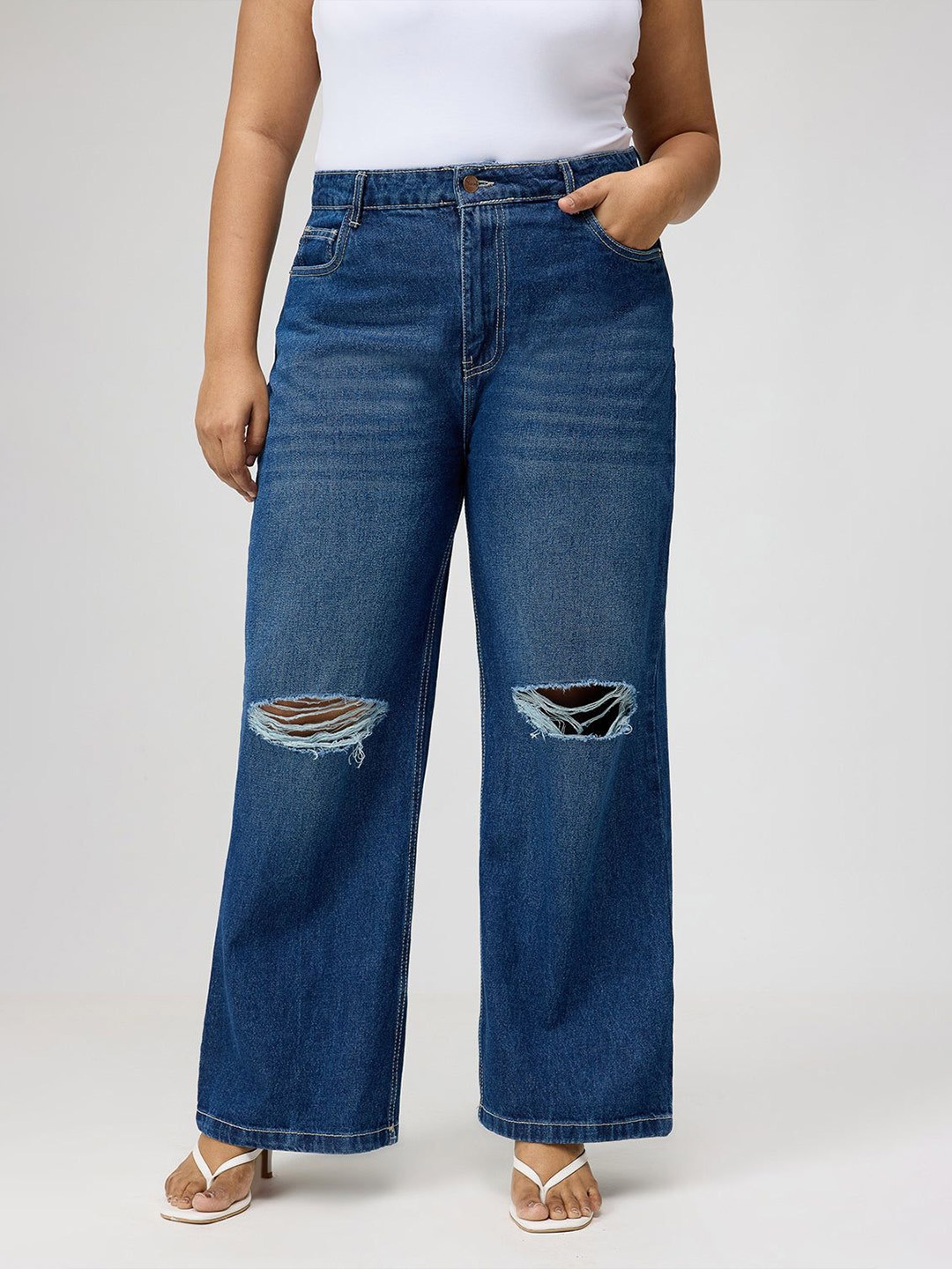 

FREAKINS Plus Size Women Straight Fit High-Rise Slash Knee Light Fade Cotton Jeans, Blue