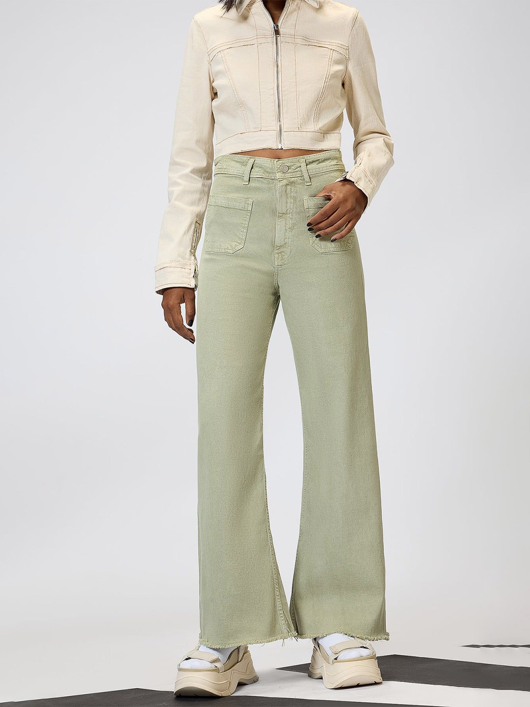 

FREAKINS Women Cotton Wide Leg High-Rise Stretchable Jeans, Green