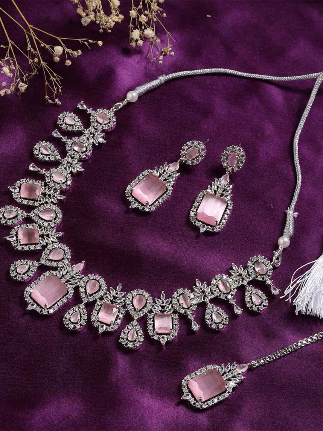 

Ladymania Silver-Plated AD-Studded Necklace and Earrings With Maang Tika