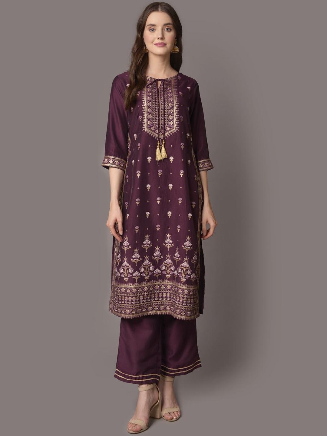 

Shree Ethnic Motifs Printed Tie-Up Neck Liva Straight Kurta With Palazzos, Purple