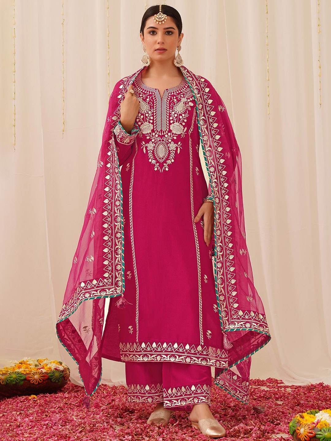 

KALINI Floral Embroidered Straight Kurta with Trousers & Dupatta, Pink