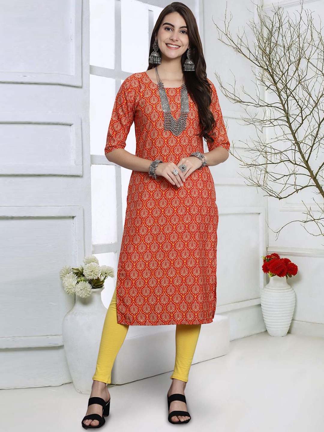 

7Threads Ethnic Motifs Printed Straight Kurta, Red