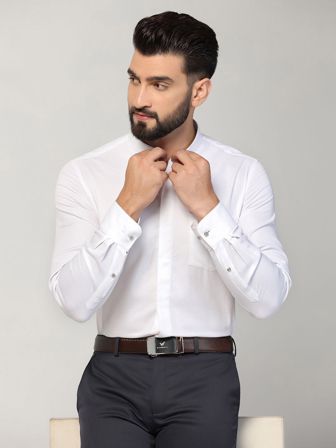 

Blackberrys Men India Slim Band Collar Solid Cotton Slim Fit Casual Shirt, White