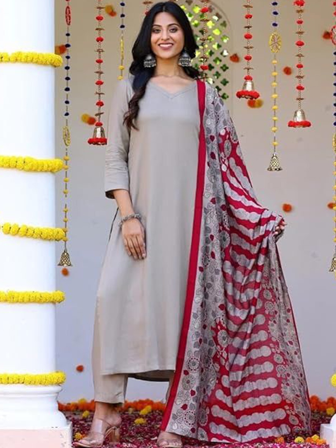 

HETVI CREATION V-Neck Straight Kurta with Trousers & With Dupatta, Beige