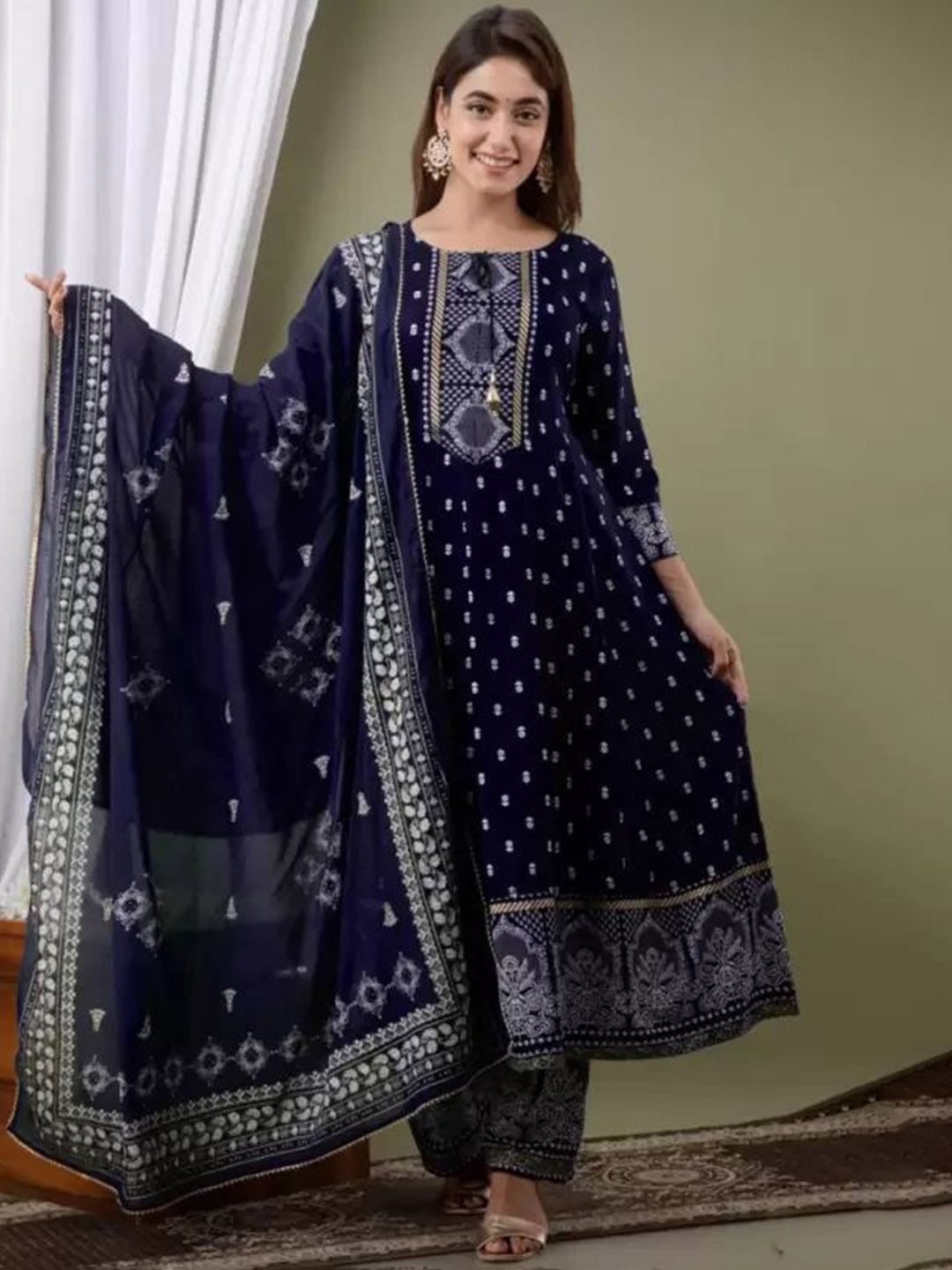 

TOP 2 BOTTOM Floral Printed Tie-Up Neck Anarkali Kurta With Palazzos & Dupatta, Blue