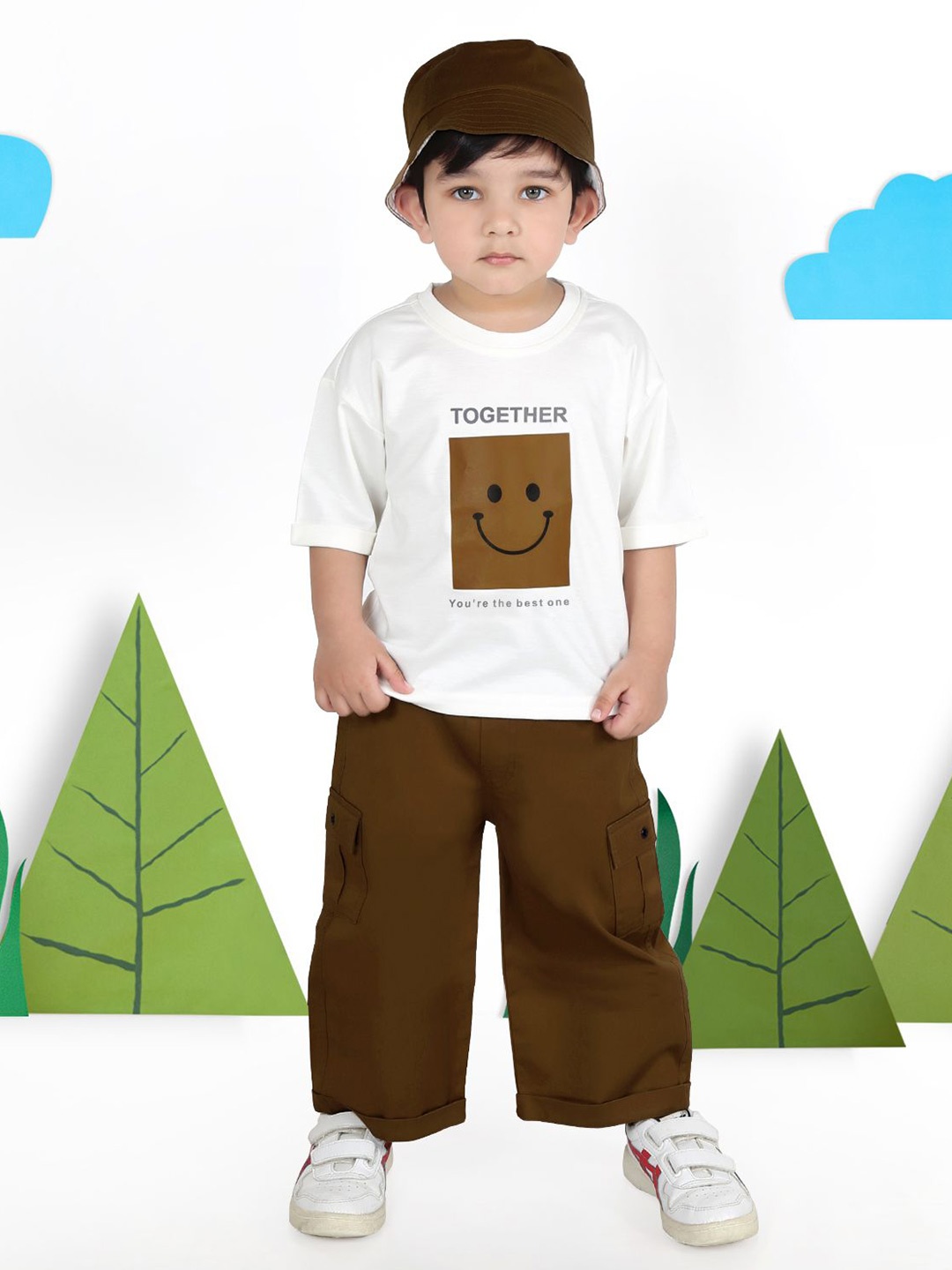 

MashUp Boys Pure Cotton T-shirt With Trousers And Bucket Cap, Brown