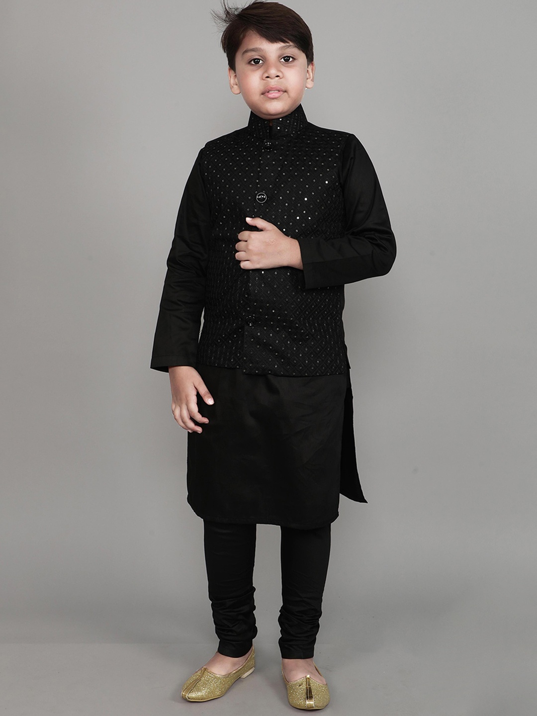 

Little Clothings Boys Straight Sequinned Cotton Silk Kurta with Churidar & Nehru Jacket, Black