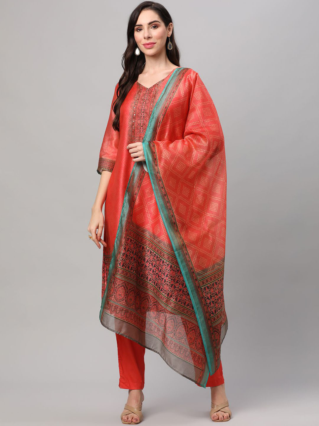 

Shree Floral Printed V-Neck Sequinned Chanderi Silk Straight Kurta With Trousers & Dupatta, Coral