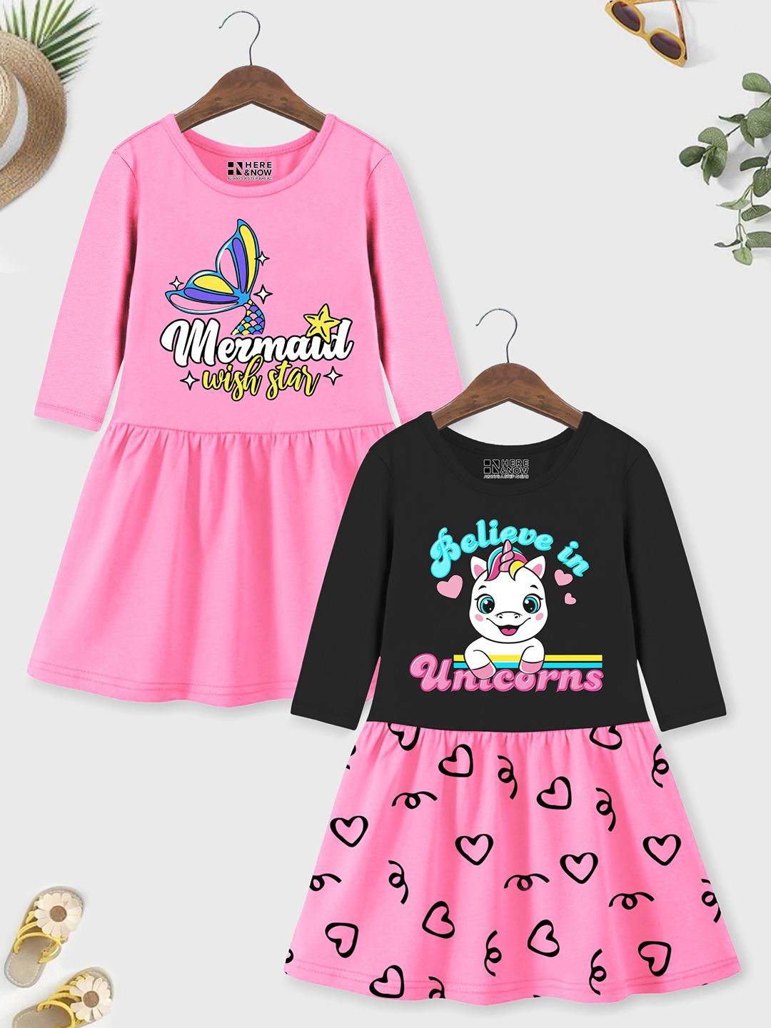 

HERE&NOW Girls Pack of 2 Graphic Print fit and flare dress, Black