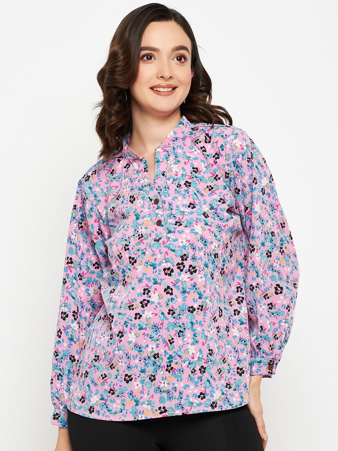

Murcia Floral Print Mandarin Collar Crepe Top, Multi