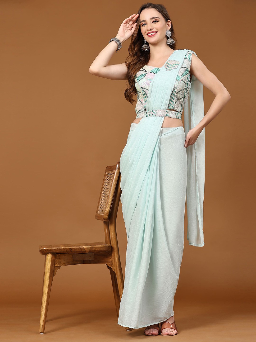 

AMOHA TRENDZ Pure Chiffon Ready to Wear Saree, Turquoise blue