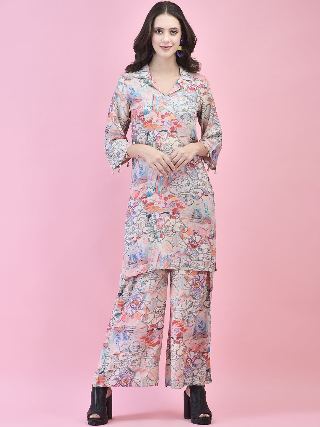 

Shree Printed Shirt Collar Tunic With Trouser, Peach