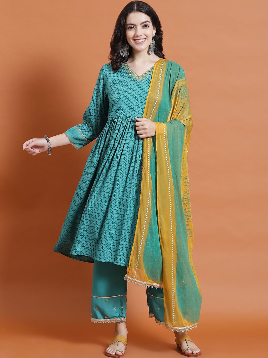 

Shree Geometric Printed V-Neck A-Line Kurta with Trousers & Dupatta, Teal