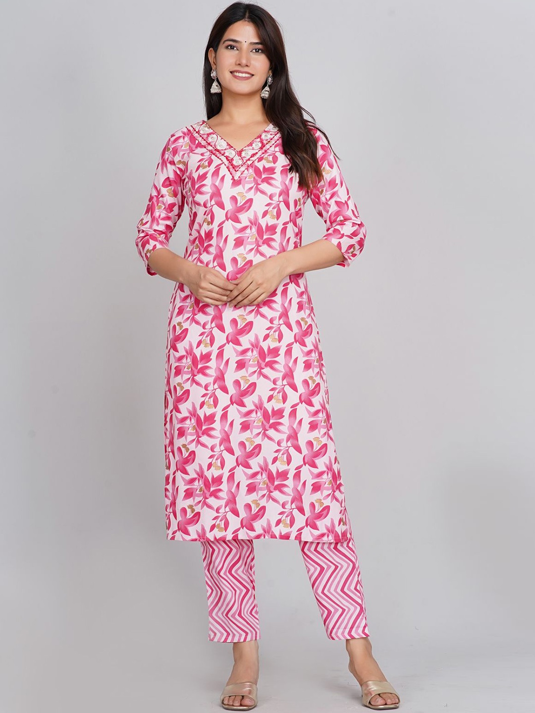 

KALINI Floral Printed Thread Work Straight Kurta with Trousers, Pink