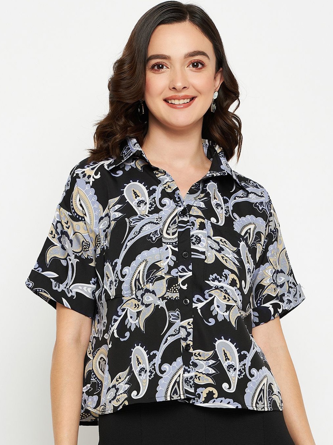 

Murcia Floral Print Mandarin Collar Extended Sleeves Top, Multi