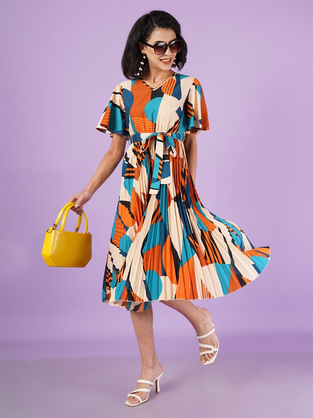 

Femvy Print Bell Sleeve Applique Crepe Fit & Flare Dress, Beige
