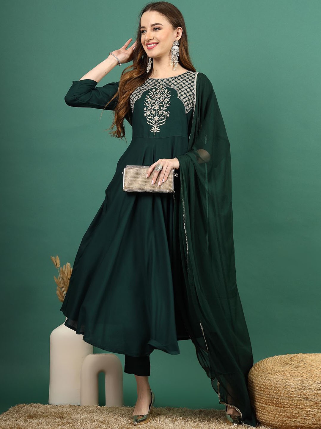 

Sangria Embroidered Zari Anarkali Kurta With Trouser & Dupatta, Green