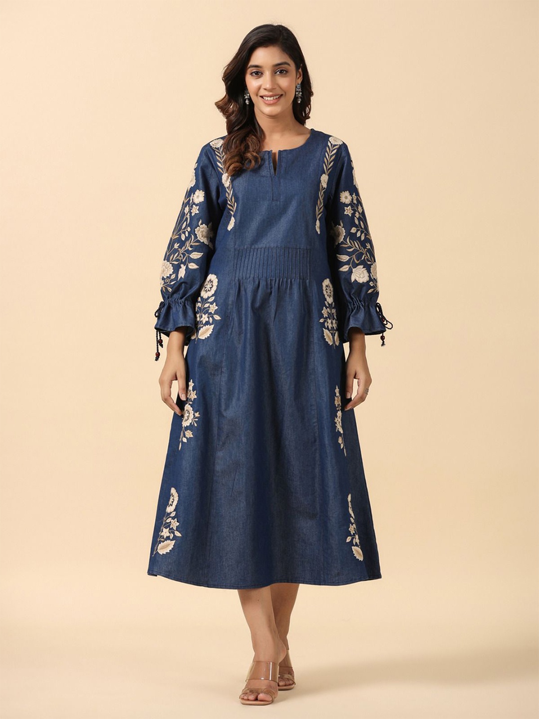 

SAVI Floral Embroidered Cuffed Sleeve Denim A-Line Dress, Blue