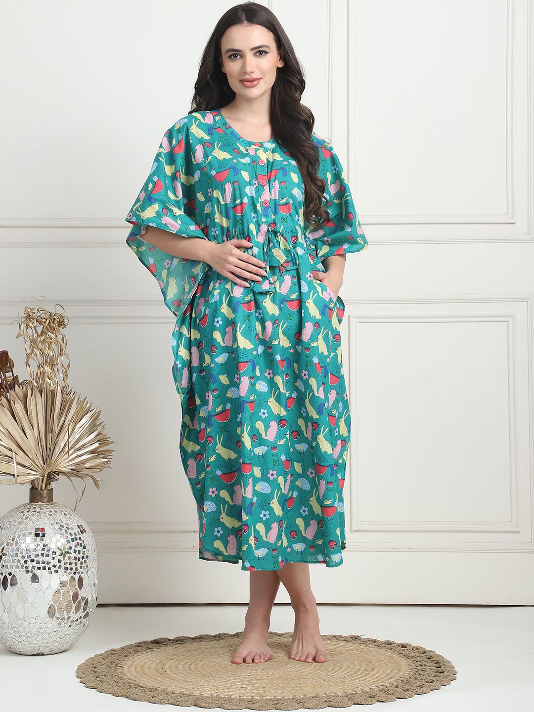 

Secret Wish Conversational Printed V-Neck Midi Kaftan Nightdress, Sea green