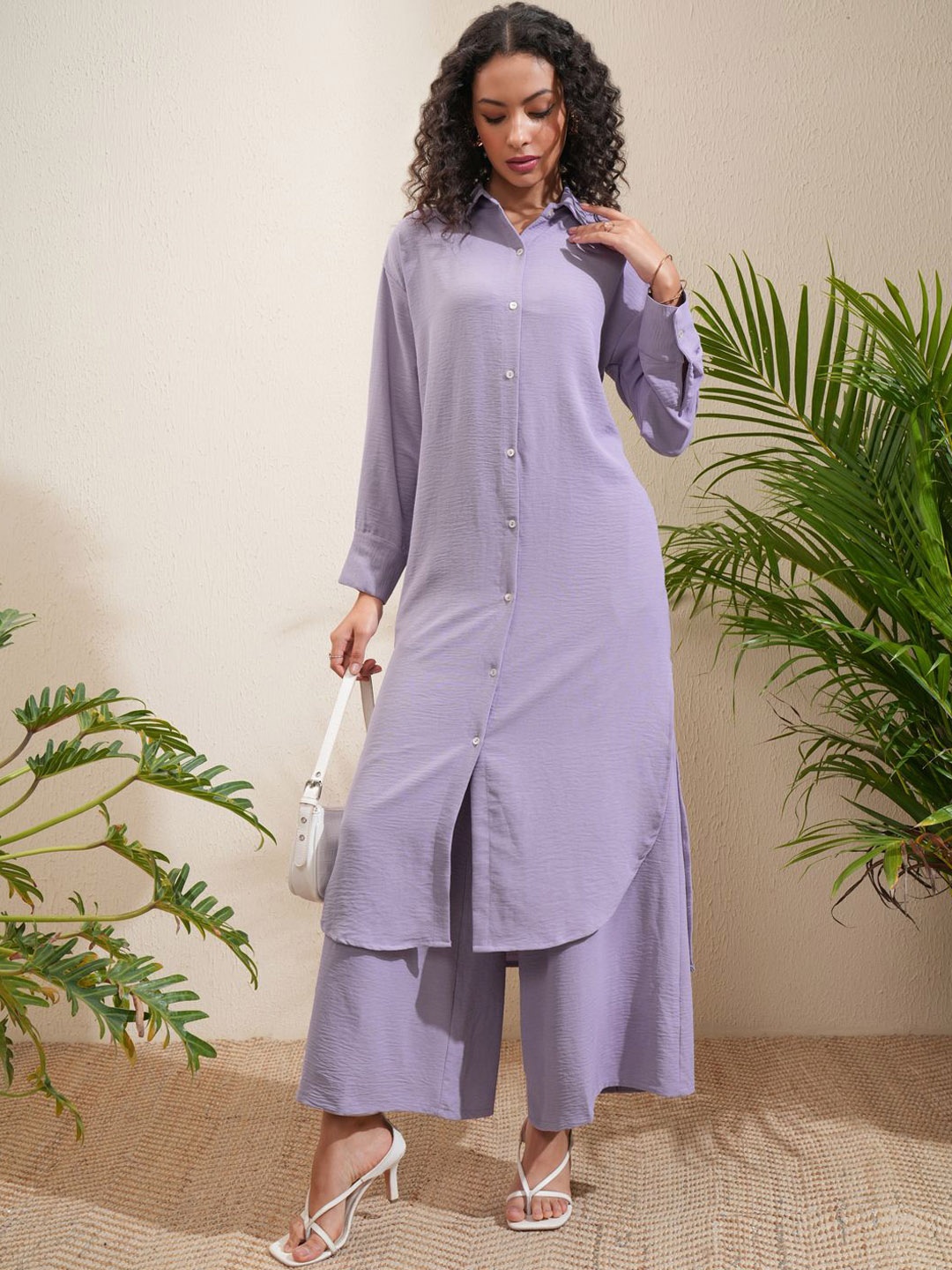 

Vishudh Self Design Shirt Collar Tunic With Palazzos, Lavender