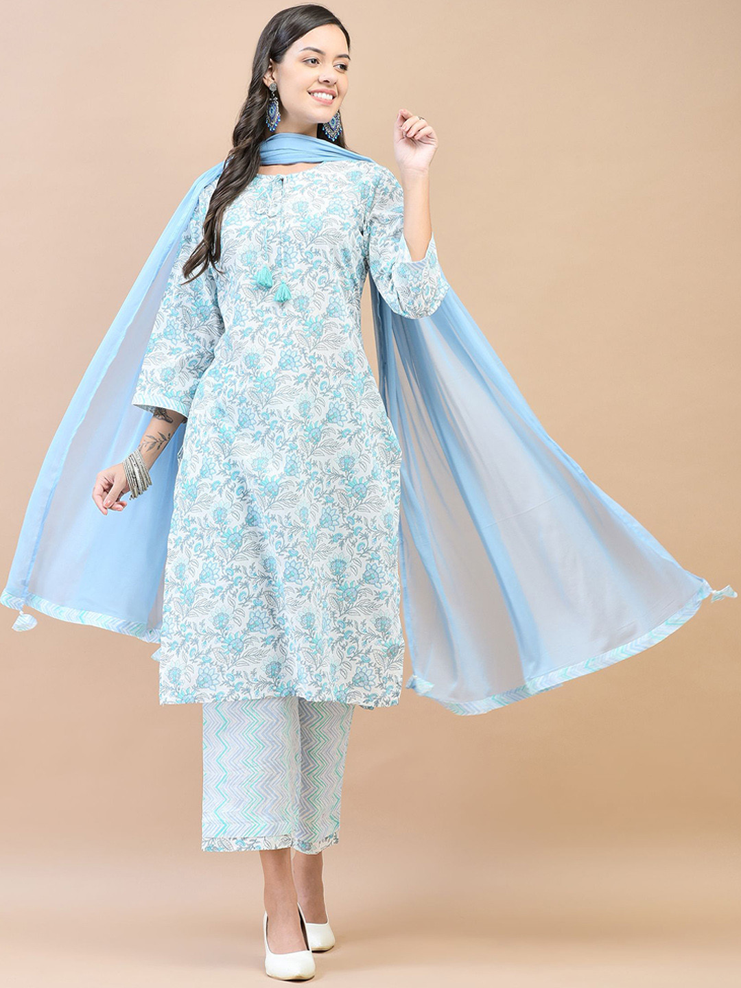 

Shree Floral Printed Pure Cotton Tie-Up Neck Straight Kurta With Trousers & Dupatta, Blue