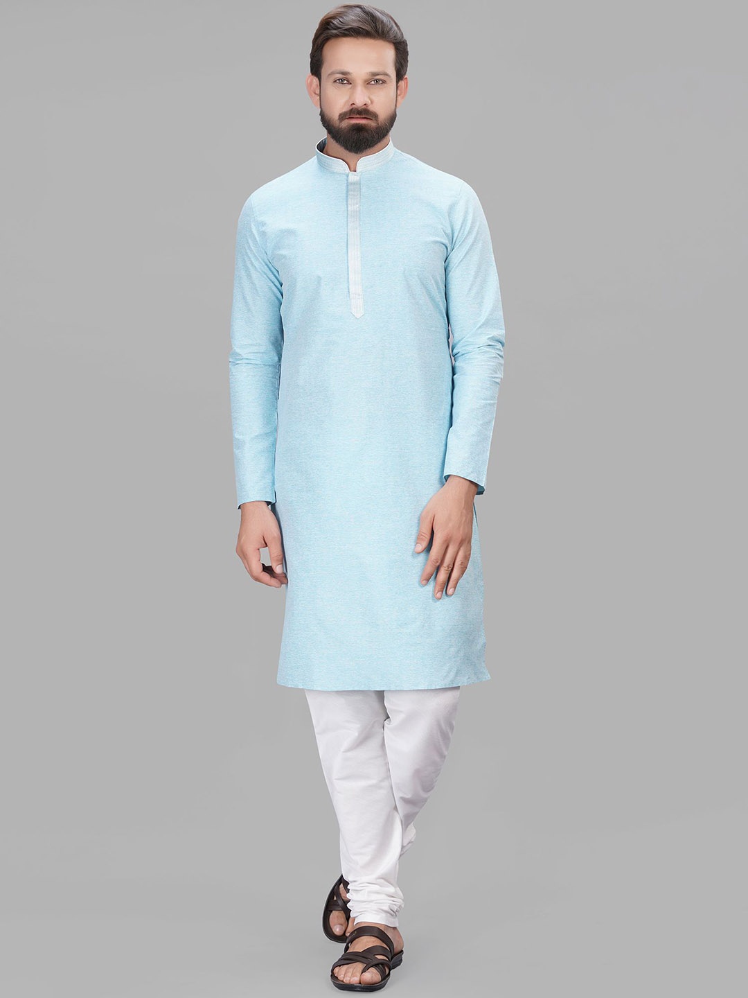 

LA'SCOOT Thread Work Stand Collar Straight Kurta with Pyjamas, Blue